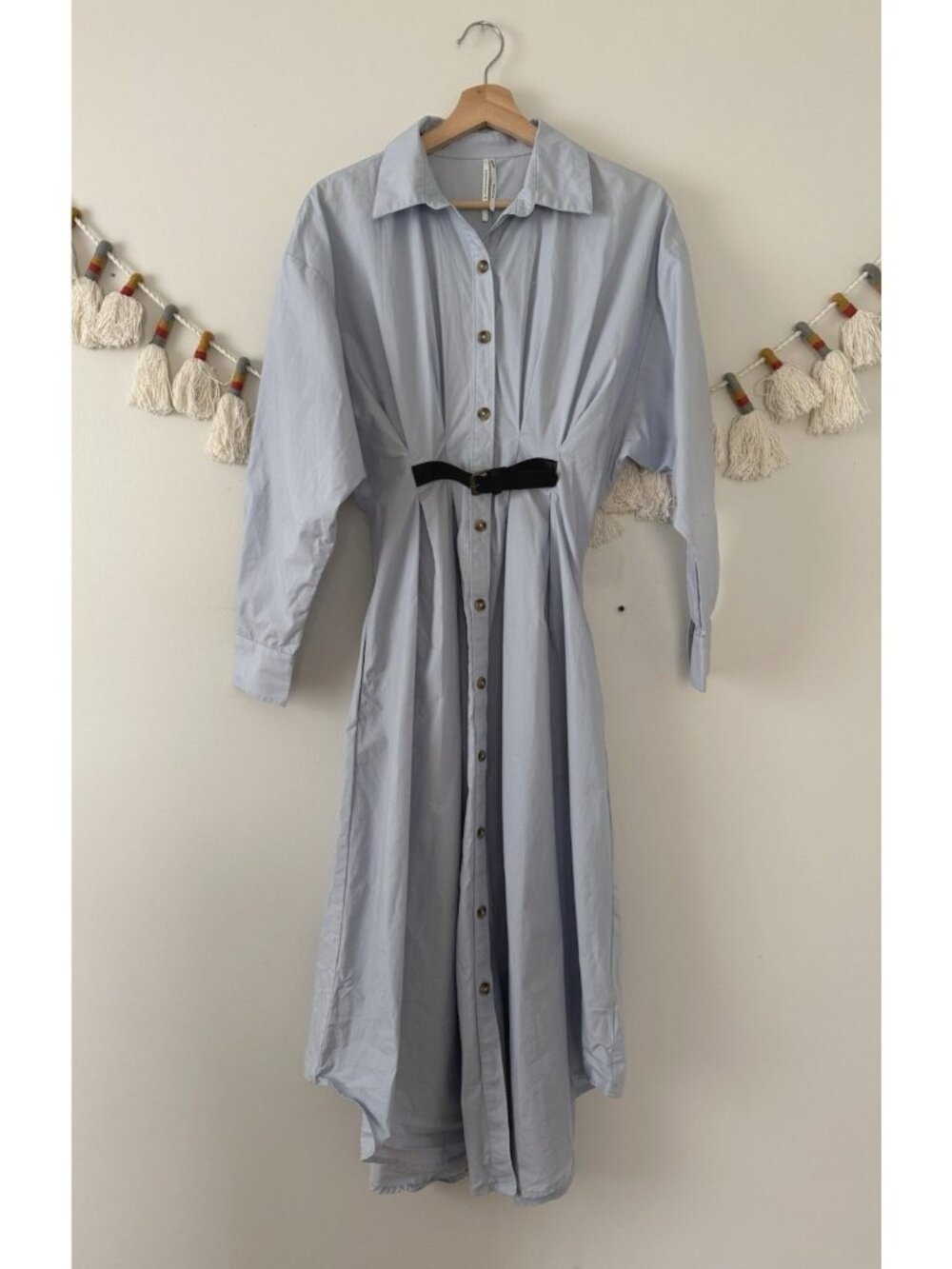 Anthropologie Pleated Buckle Midi Shirt Dress Light Blue Preppy Contemporary 2